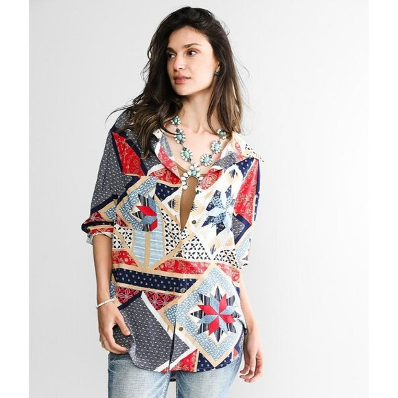 Sterling & Stitch Vintage-Inspired Button-Down Geometric Print Shirt Size L - Picture 1 of 12